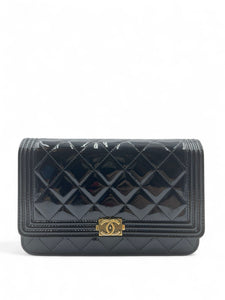 Chanel Classic Leboy Wallet on Chain, Black Diamond Quilted Patent Leather, Gold-tone Hardware