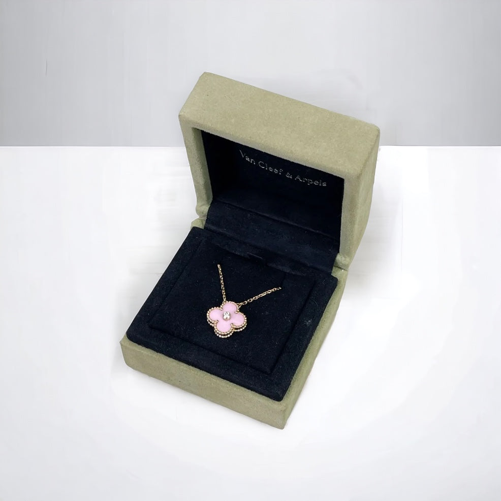 Van Cleef and Arpels VCA Vintage Alhambra Holiday Pendant, Diamond, Pink Sevres, 18kt Gold