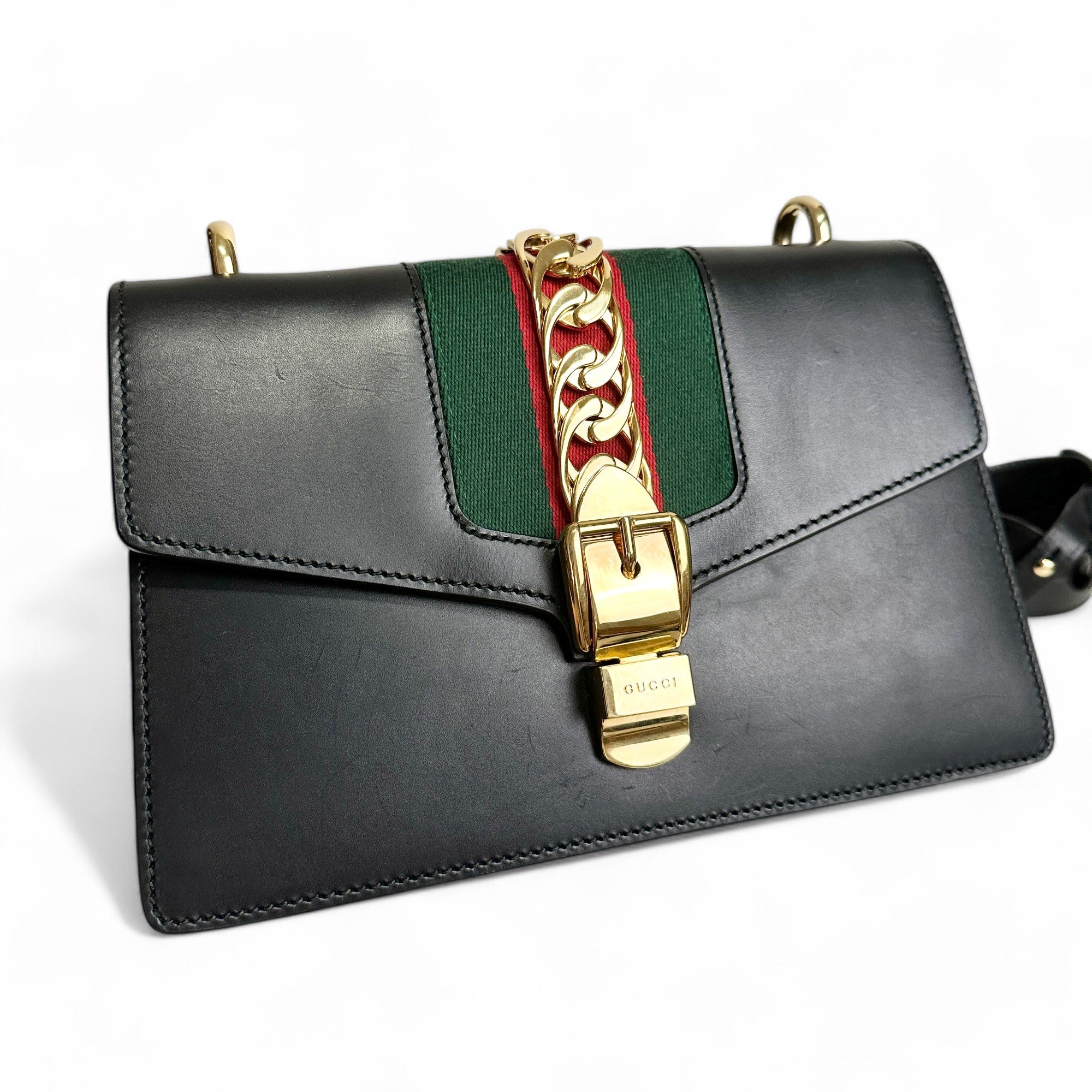 Gucci Sylvie Medium Black Calfskin Gold-tone Hardware