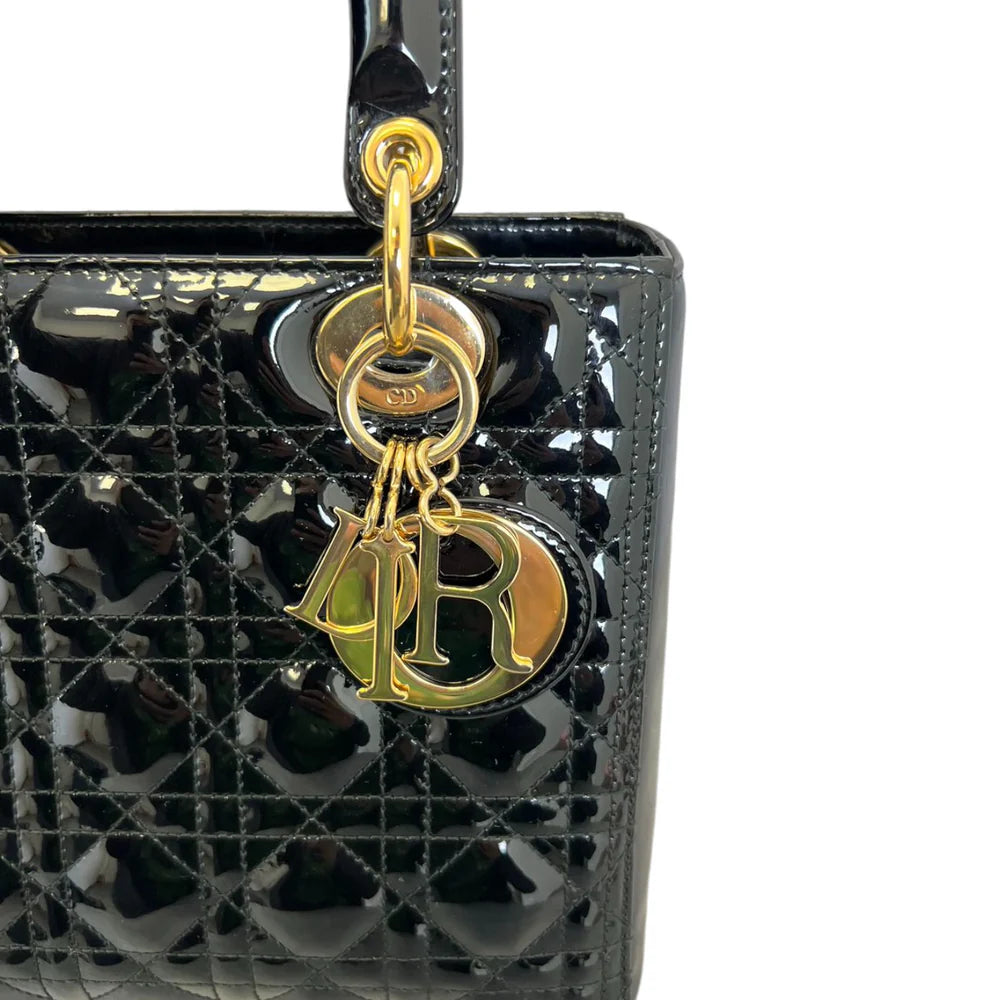 Lady Dior Medium Patent Quilted Black GHW