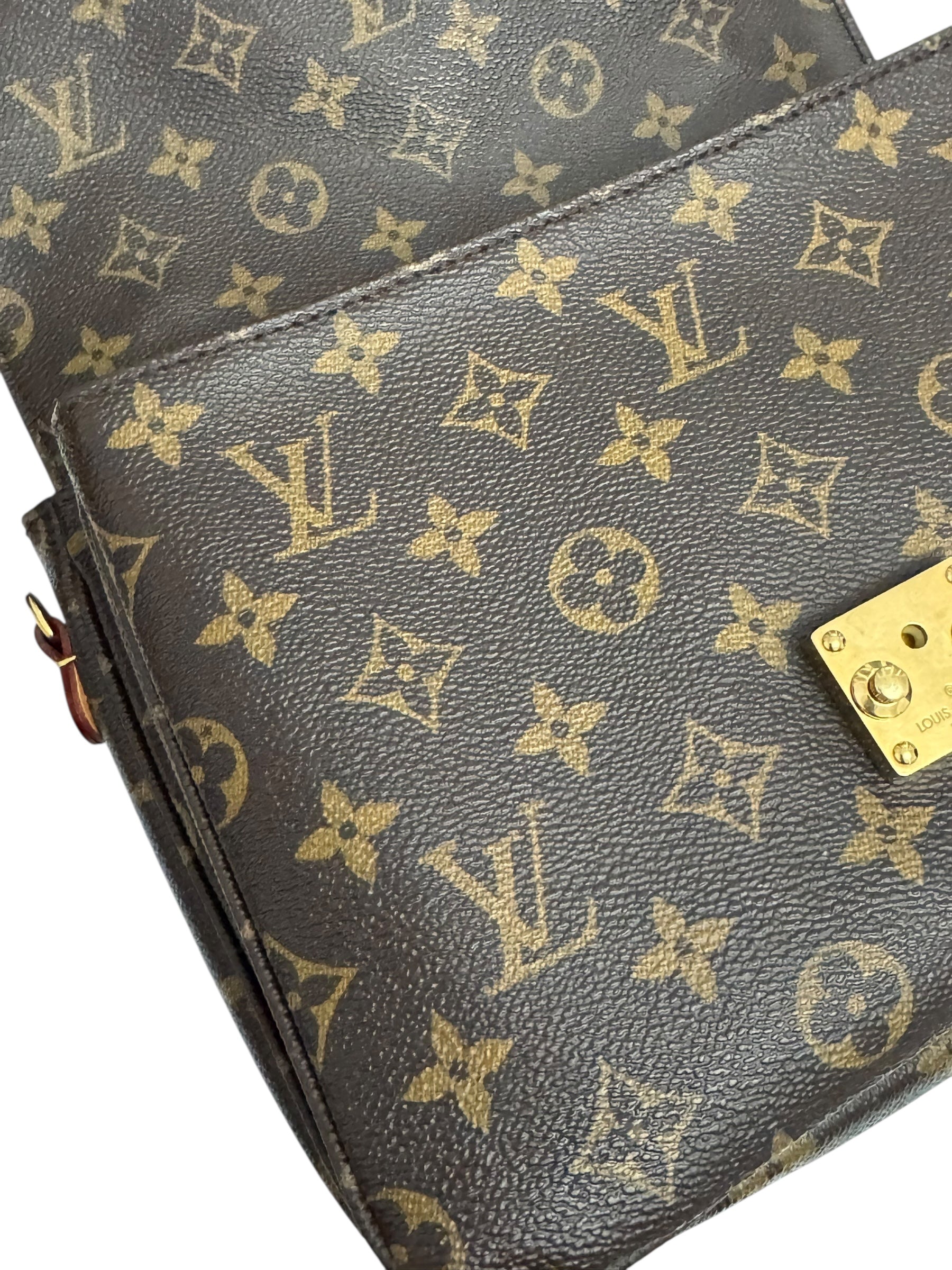 Close-up of a Louis Vuitton handbag with monogram pattern