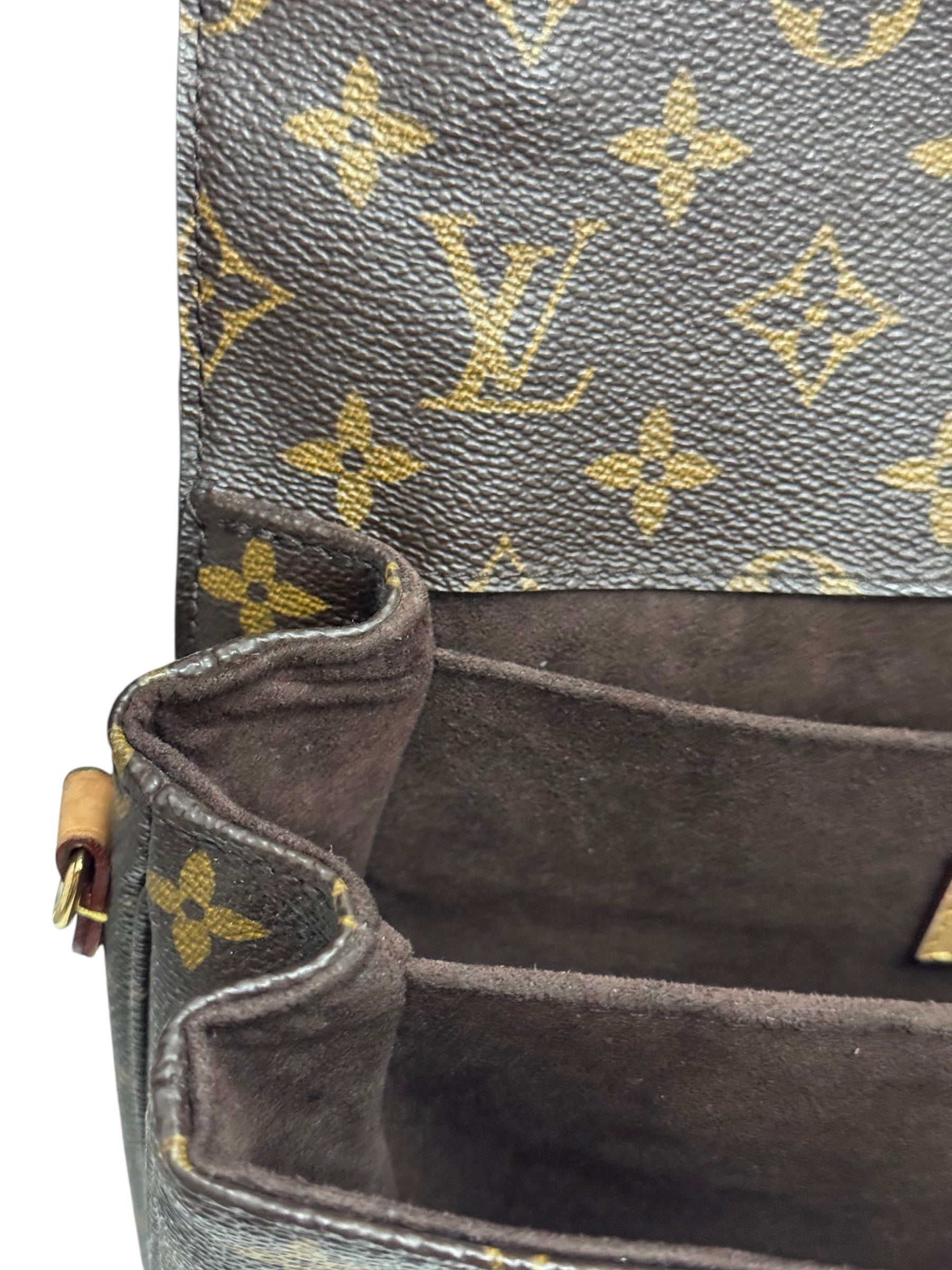 Close-up of a Louis Vuitton bag with monogram pattern