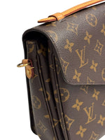 Load image into Gallery viewer, Close-up of a brown leather bag with gold monogram pattern
