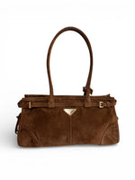 Load image into Gallery viewer, Prada Medium Bonnie Shoulder Bag – Brown Suede Gold-tone Hardware

