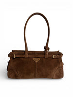 Load image into Gallery viewer, Prada Medium Bonnie Shoulder Bag – Brown Suede Gold-tone Hardware
