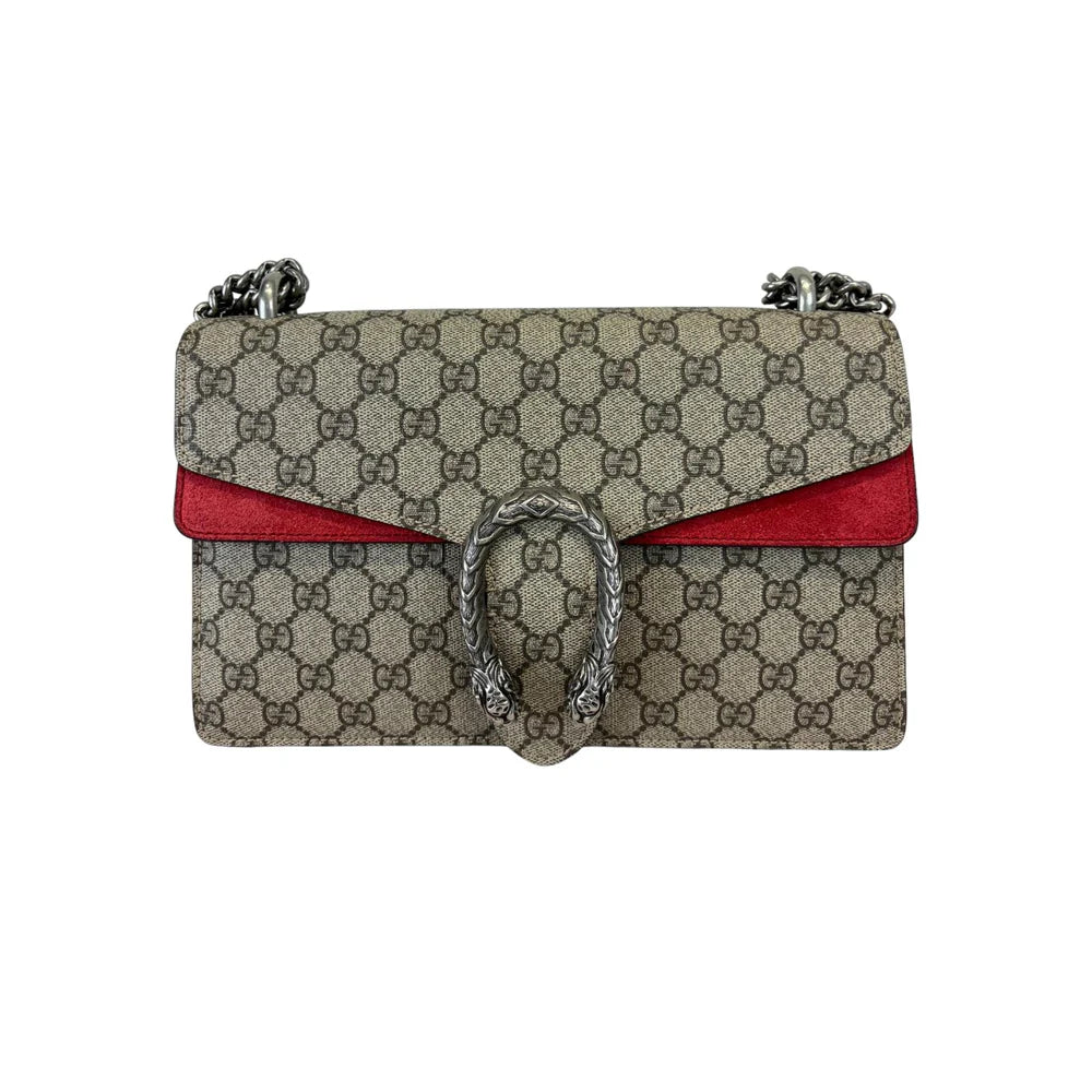 Gucci Dionysus Small Beige GG Supreme Monogram and Red Interior, Silver-tone Hardware