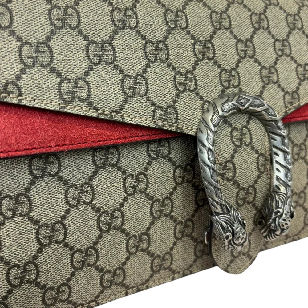 Gucci Dionysus Small Beige GG Supreme Monogram and Red Interior, Silver-tone Hardware