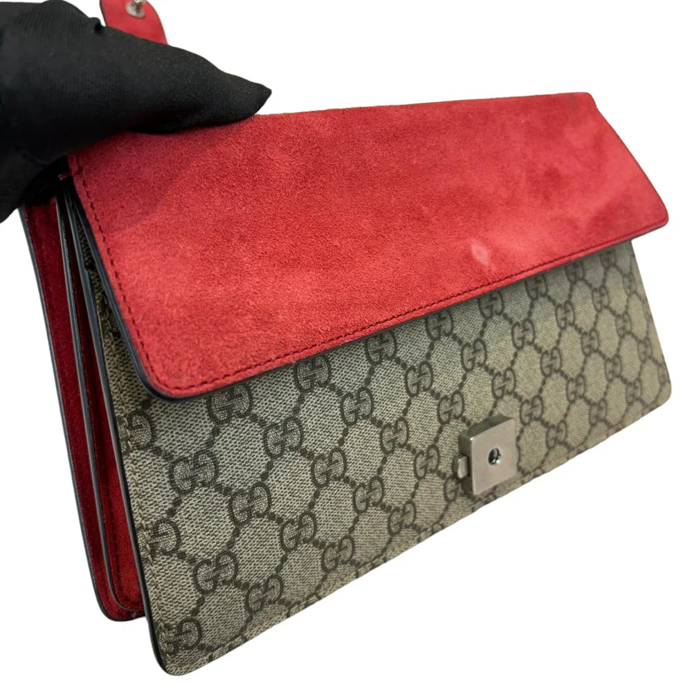 Gucci Dionysus Small Beige GG Supreme Monogram and Red Interior, Silver-tone Hardware