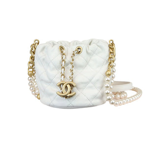 Chanel Pearl Drawstring Bucket Mini Calfskin Quilted White GHW