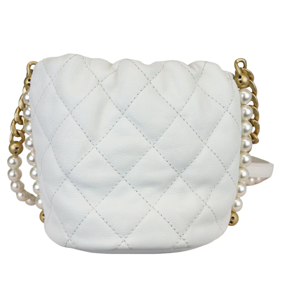 Chanel Pearl Drawstring Bucket Mini Calfskin Quilted White GHW