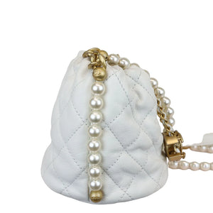 Chanel Pearl Drawstring Bucket Mini Calfskin Quilted White GHW