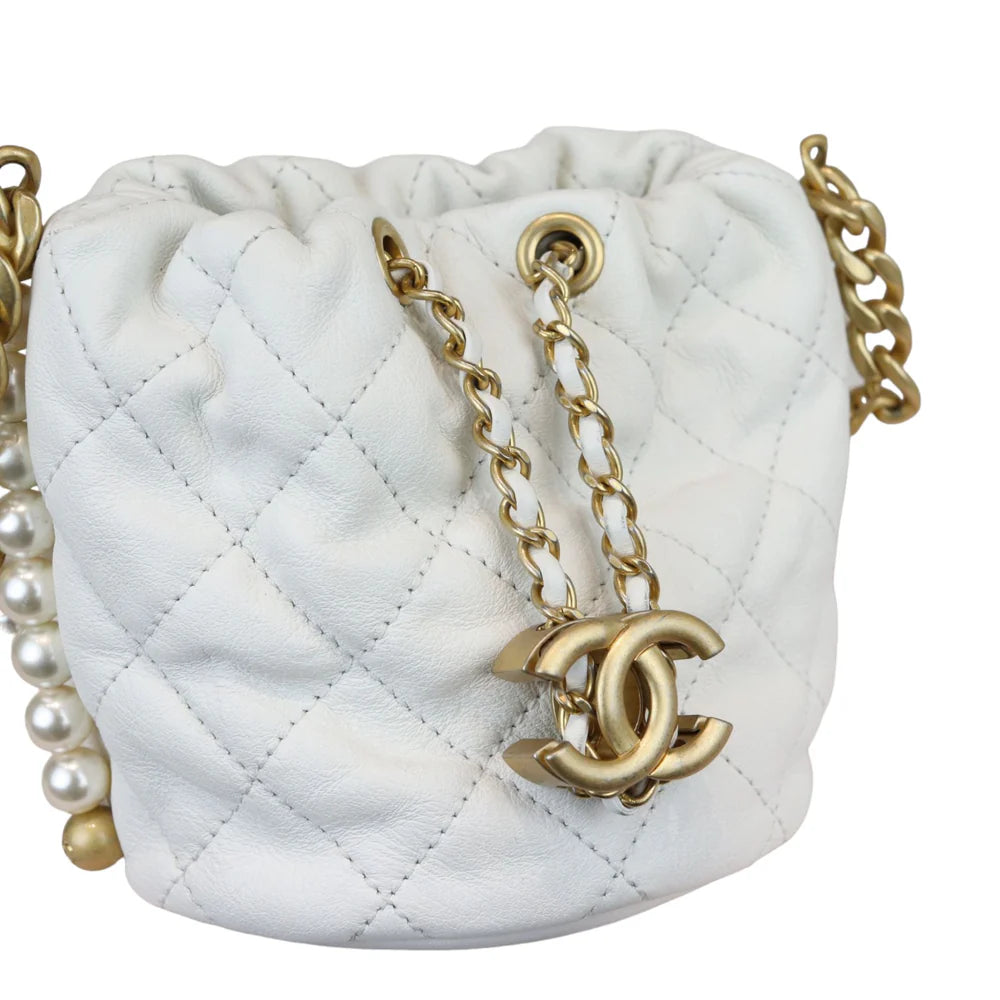 Chanel Pearl Drawstring Bucket Mini Calfskin Quilted White GHW