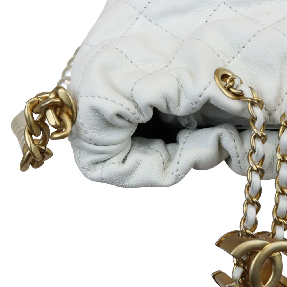 Chanel Pearl Drawstring Bucket Mini Calfskin Quilted White GHW