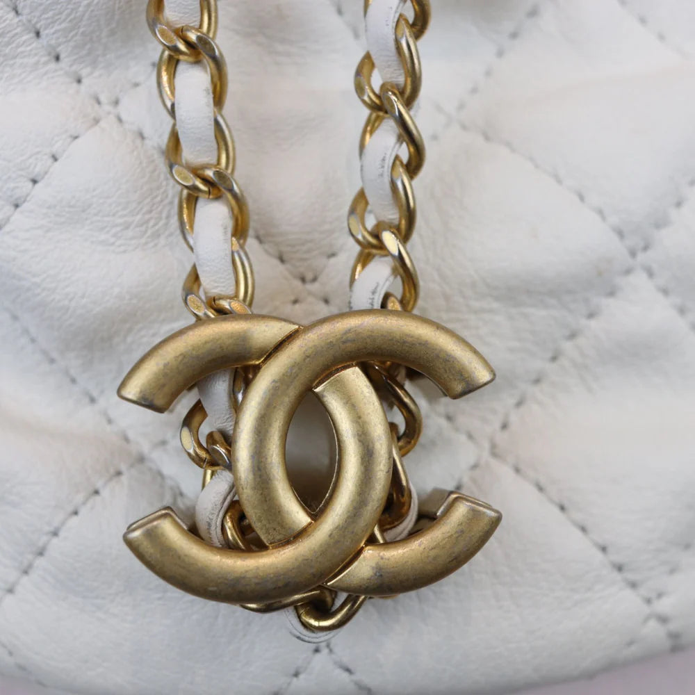 Chanel Pearl Drawstring Bucket Mini Calfskin Quilted White GHW