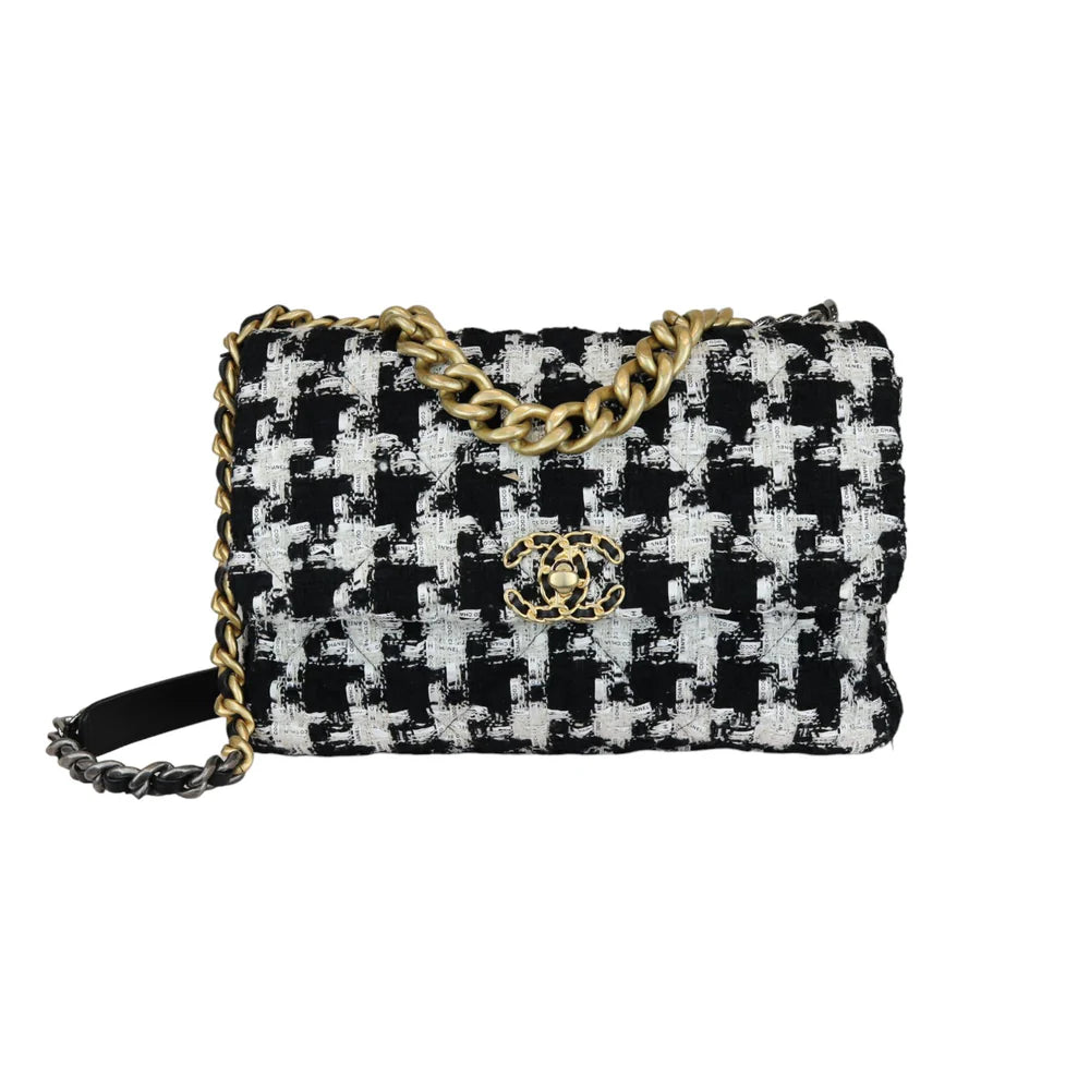 Chanel 19 Flap Large Ribbon Houndstooth Tweed Black White MHW