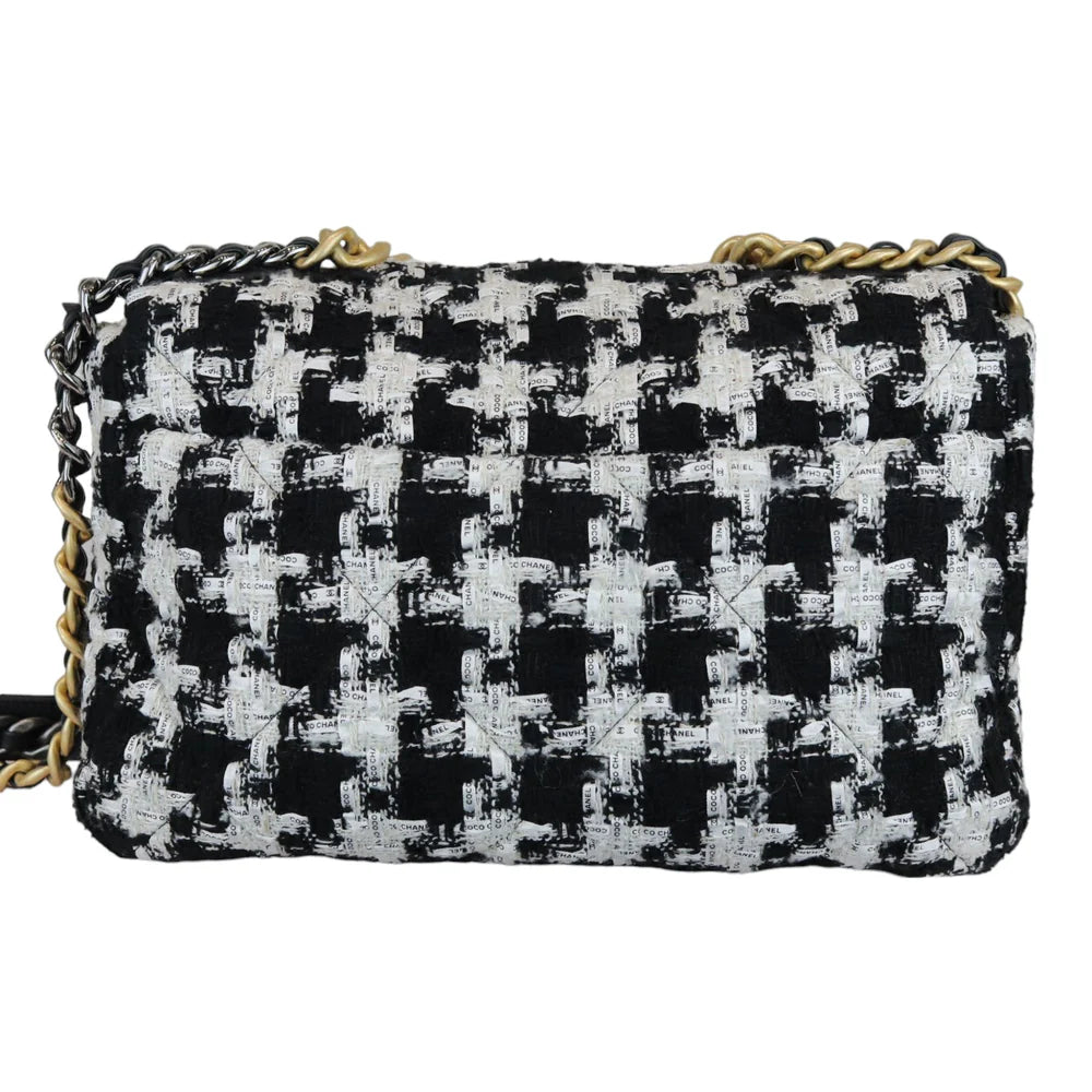 Chanel 19 Flap Large Ribbon Houndstooth Tweed Black White MHW