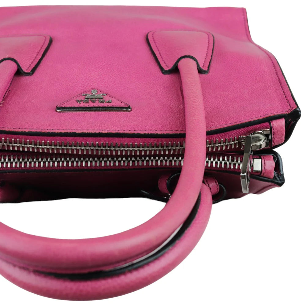 Prada Twin Pocket Leather Satchel Pink Silver Tone Hardware