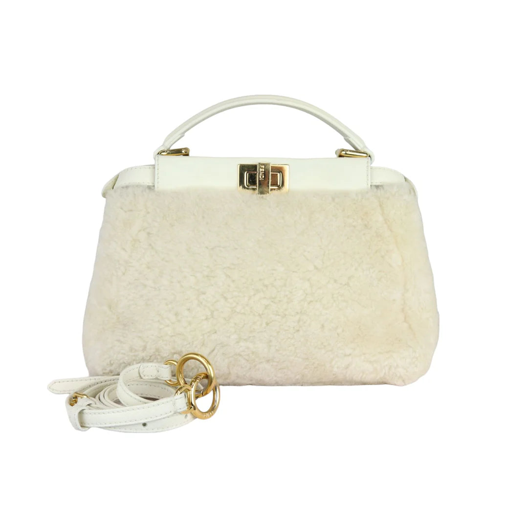 Fendi Peekaboo Iconic Satchel Mini Shearling Shiny White GHW