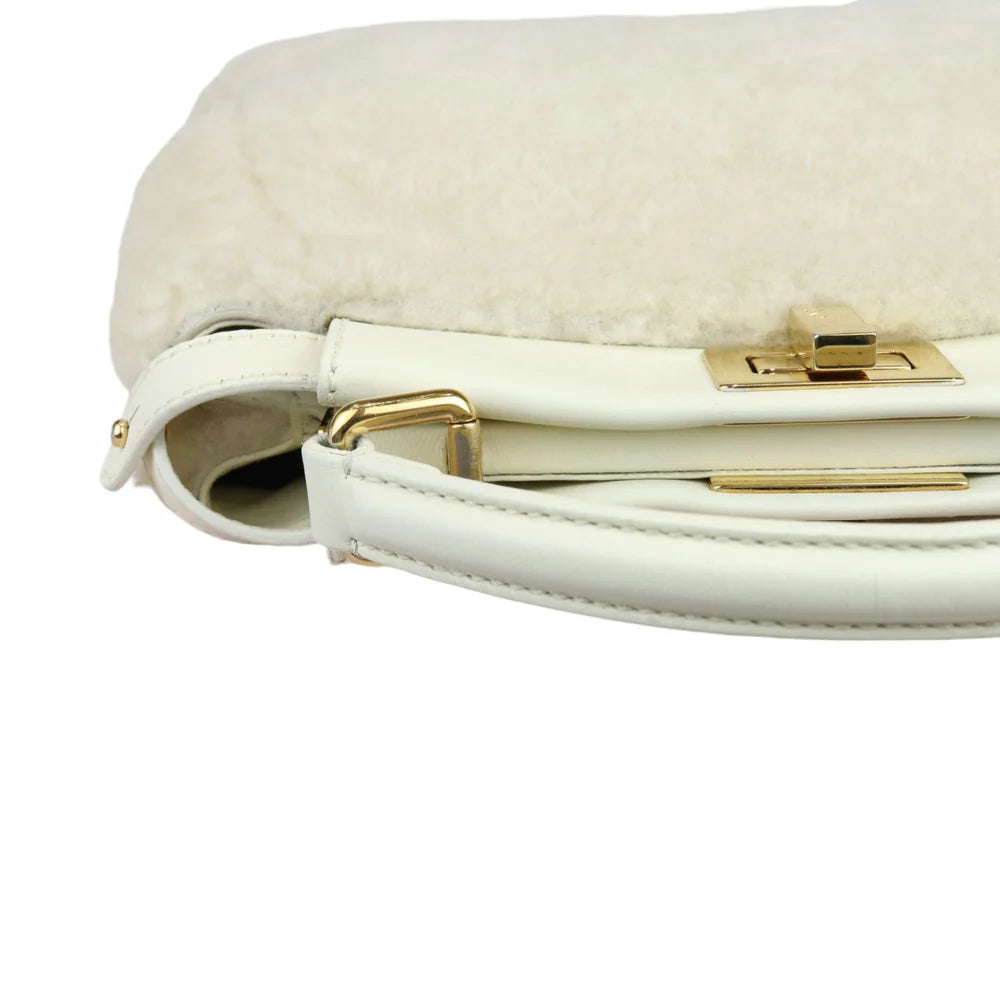 Fendi Peekaboo Iconic Satchel Mini Shearling Shiny White GHW