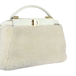 将图片加载到图库查看器，Fendi Peekaboo Iconic Satchel Mini Shearling Shiny White GHW
