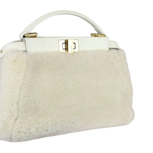 Fendi Peekaboo Iconic Satchel Mini Shearling Shiny White GHW