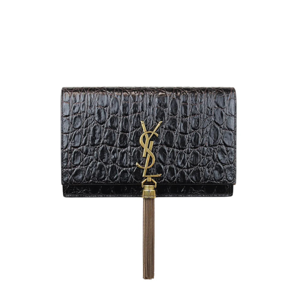 Saint Laurent YSL Kate Tassel Chain Wallet Calfskin Crocodile Embossed Black GHW