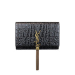 将图片加载到图库查看器，Saint Laurent YSL Kate Tassel Chain Wallet Calfskin Crocodile Embossed Black GHW
