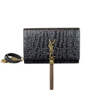 将图片加载到图库查看器，Saint Laurent YSL Kate Tassel Chain Wallet Calfskin Crocodile Embossed Black GHW
