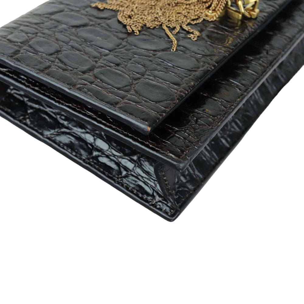 Saint Laurent YSL Kate Tassel Chain Wallet Calfskin Crocodile Embossed Black GHW