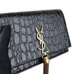 将图片加载到图库查看器，Saint Laurent YSL Kate Tassel Chain Wallet Calfskin Crocodile Embossed Black GHW
