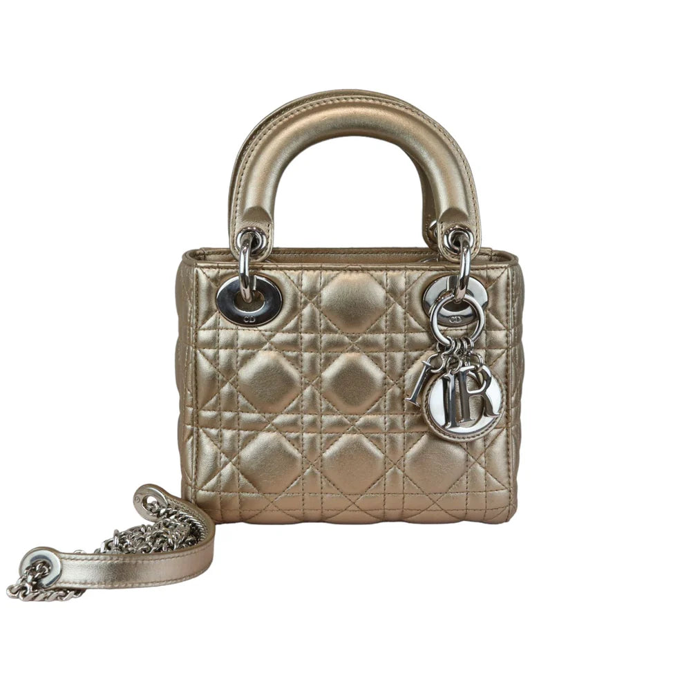 Christian Dior Lady Dior Mini Metallic Lambskin Cannage Gold SHW