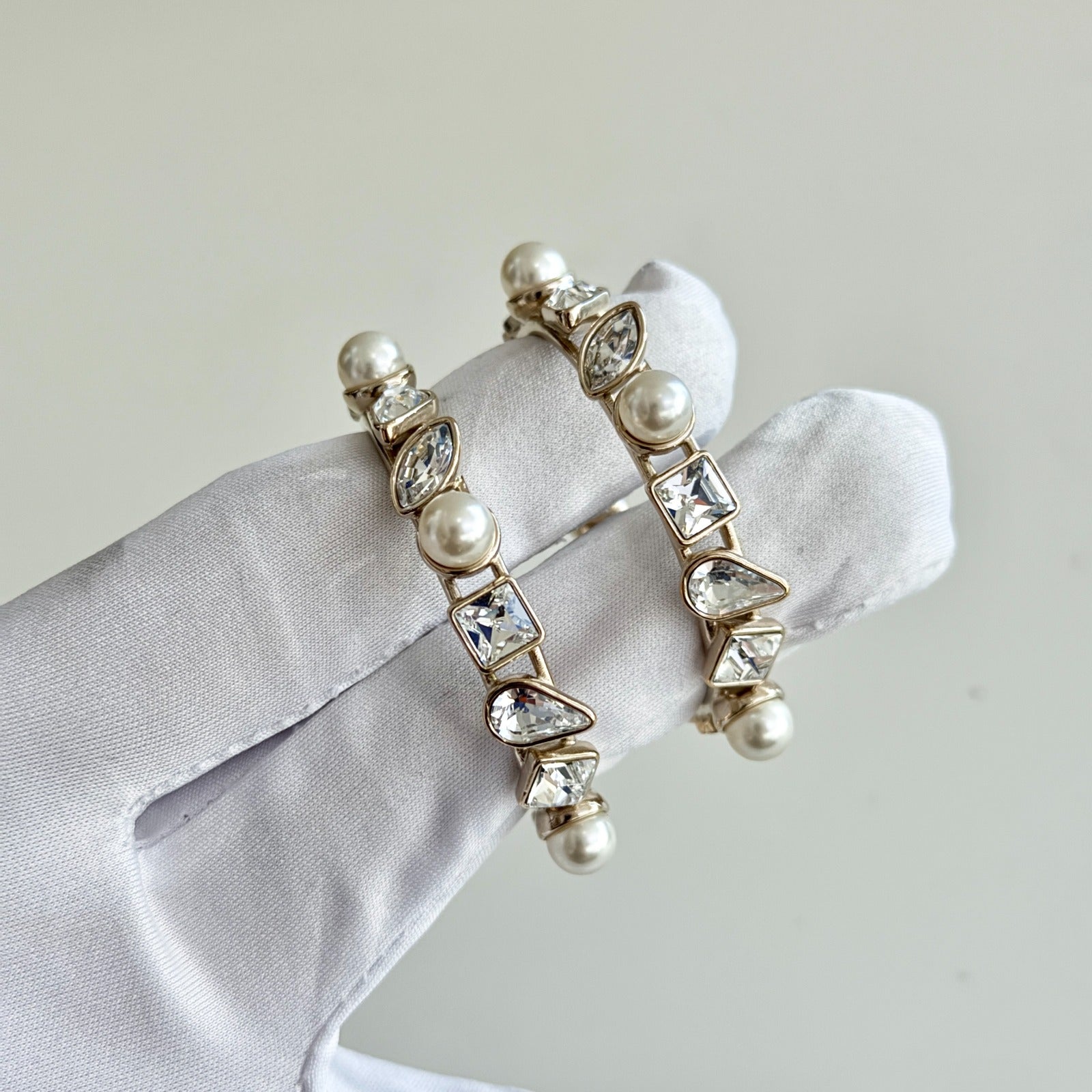 Chanel CC Faux Pearl And Crystal Hoop Earrings