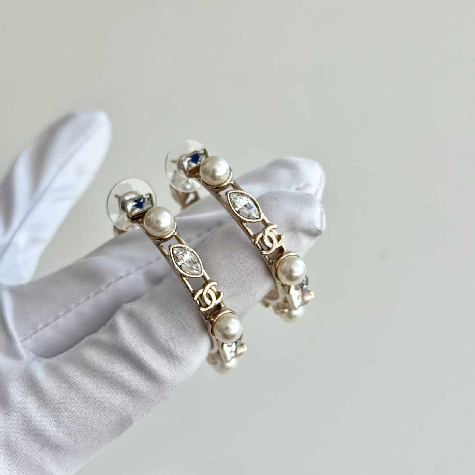 Chanel CC Faux Pearl And Crystal Hoop Earrings