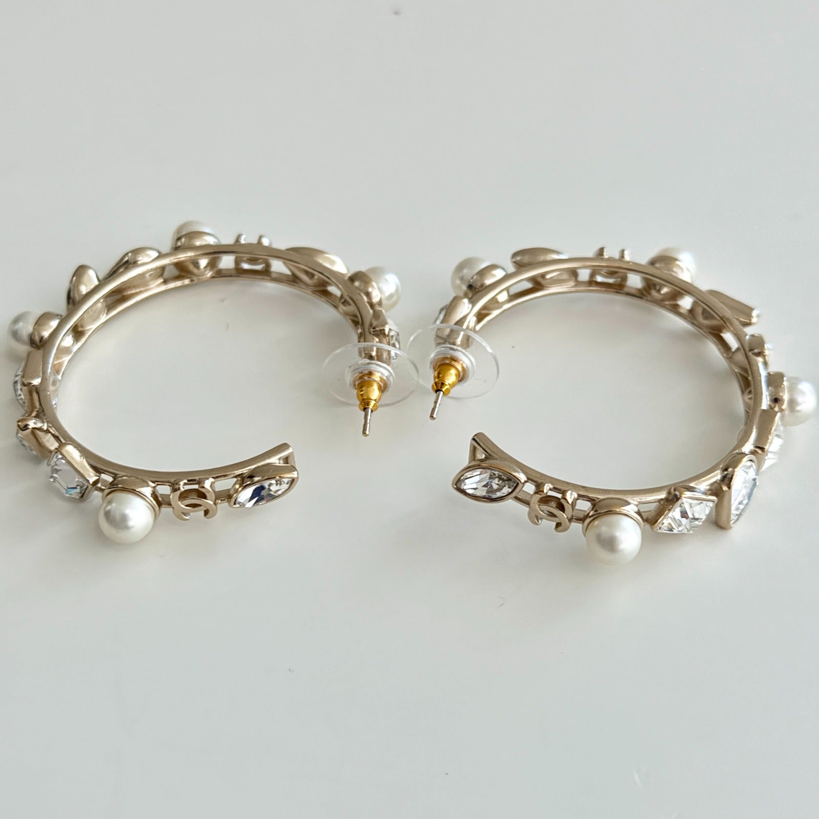 Chanel CC Faux Pearl And Crystal Hoop Earrings