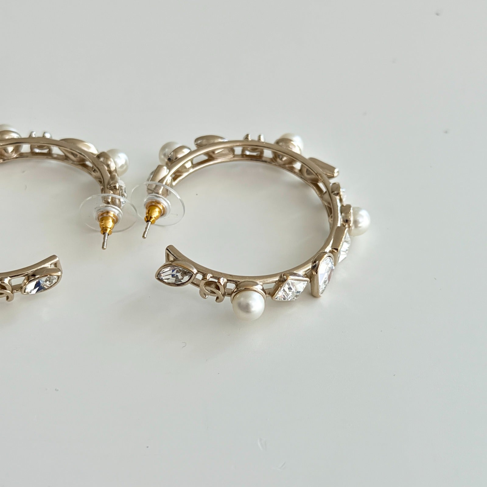 Chanel CC Faux Pearl And Crystal Hoop Earrings