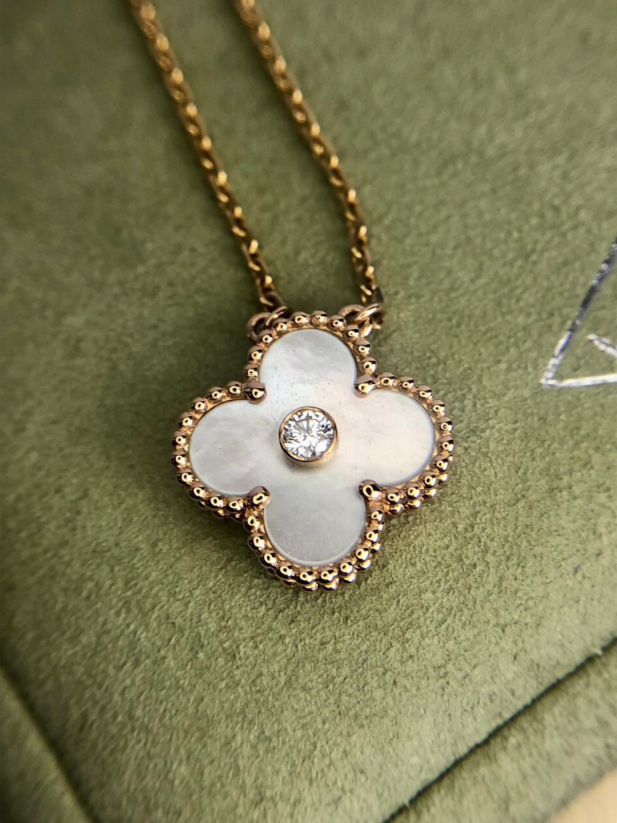 Van Cleef and Arpels VCA Vintage Alhambra Holiday Pendant, Diamond, Mother of Pearl, 18kt Gold Hardware