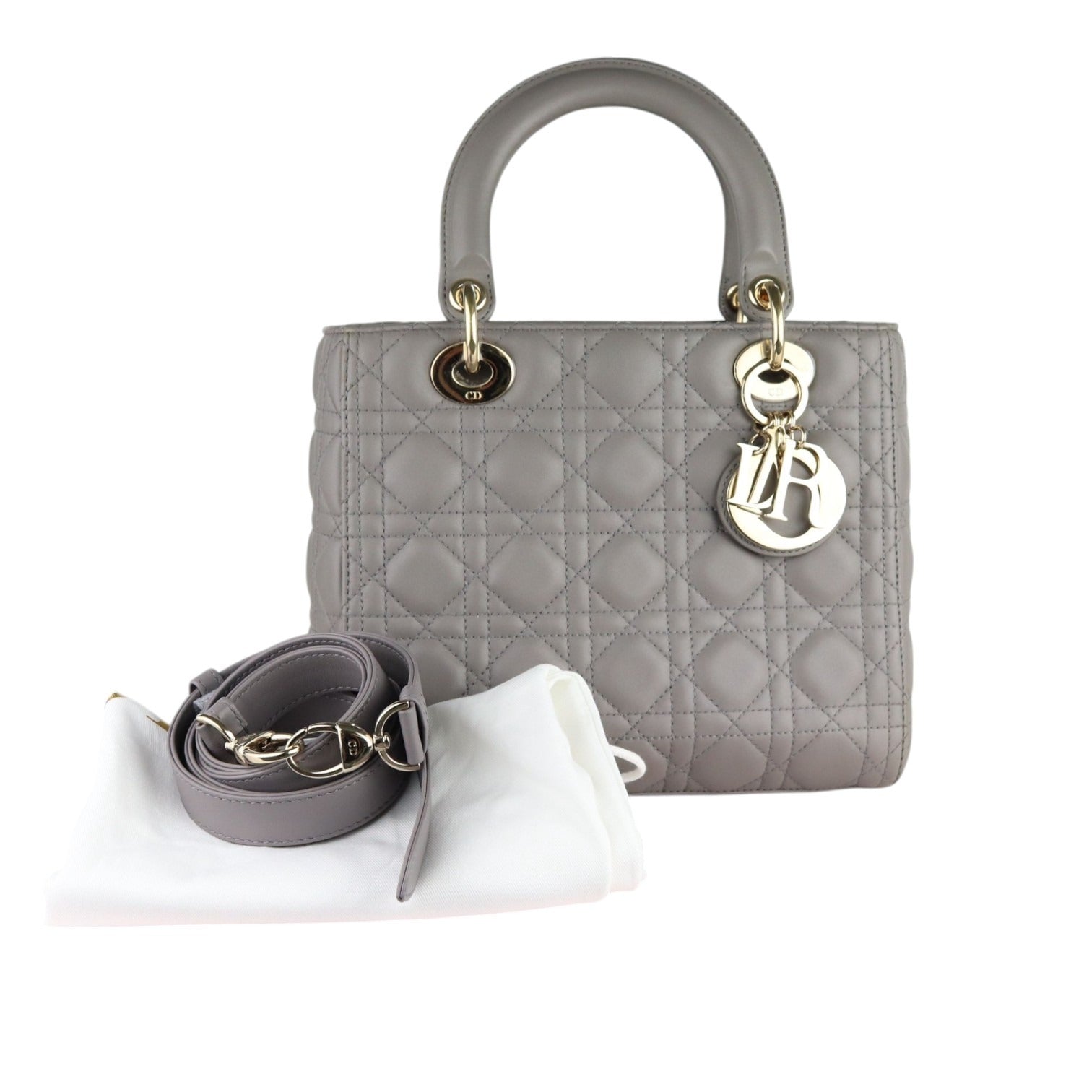 Christian Dior Lady Dior Medium Grey Quilted Lambskin Gold-tone Hardware