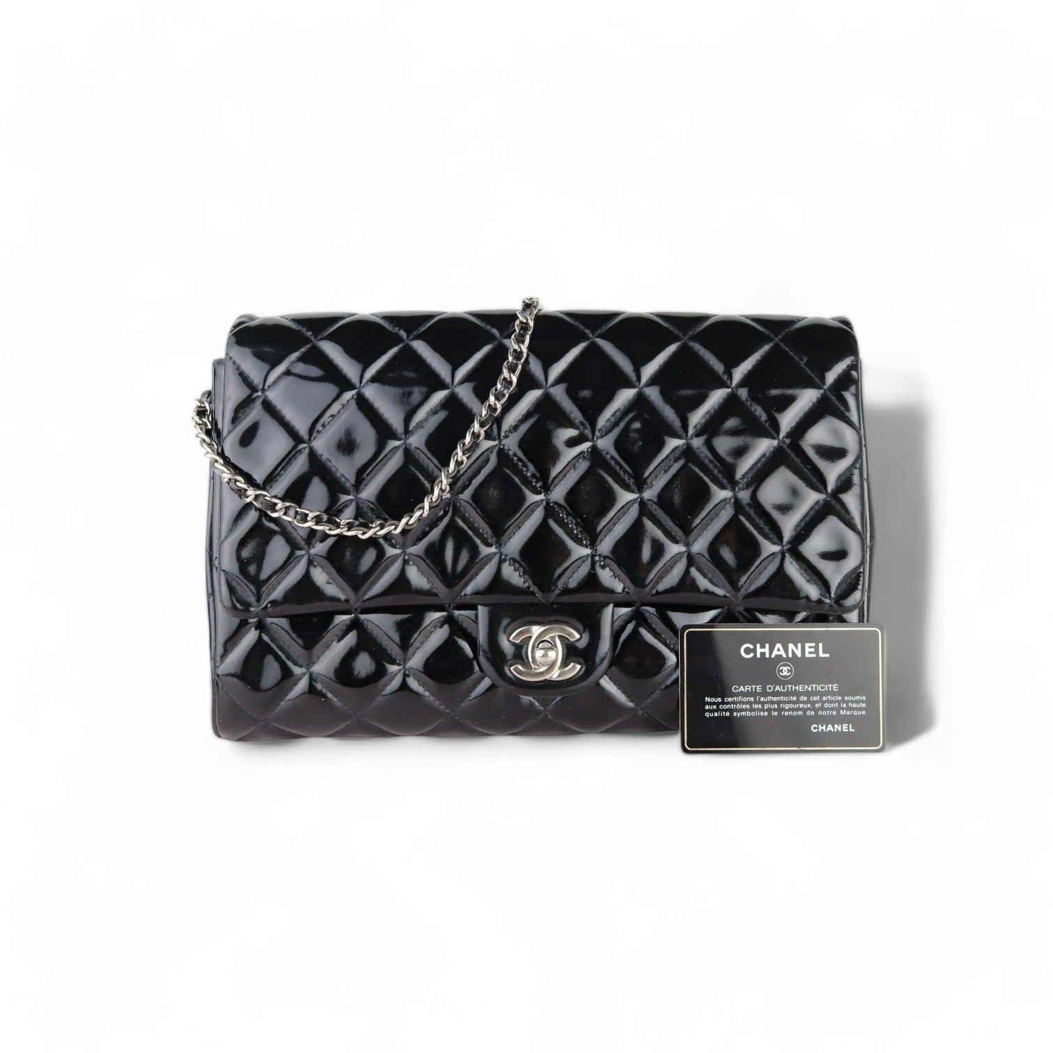 Chanel Clutch with Chain Flap Patent Quilted Black SHW