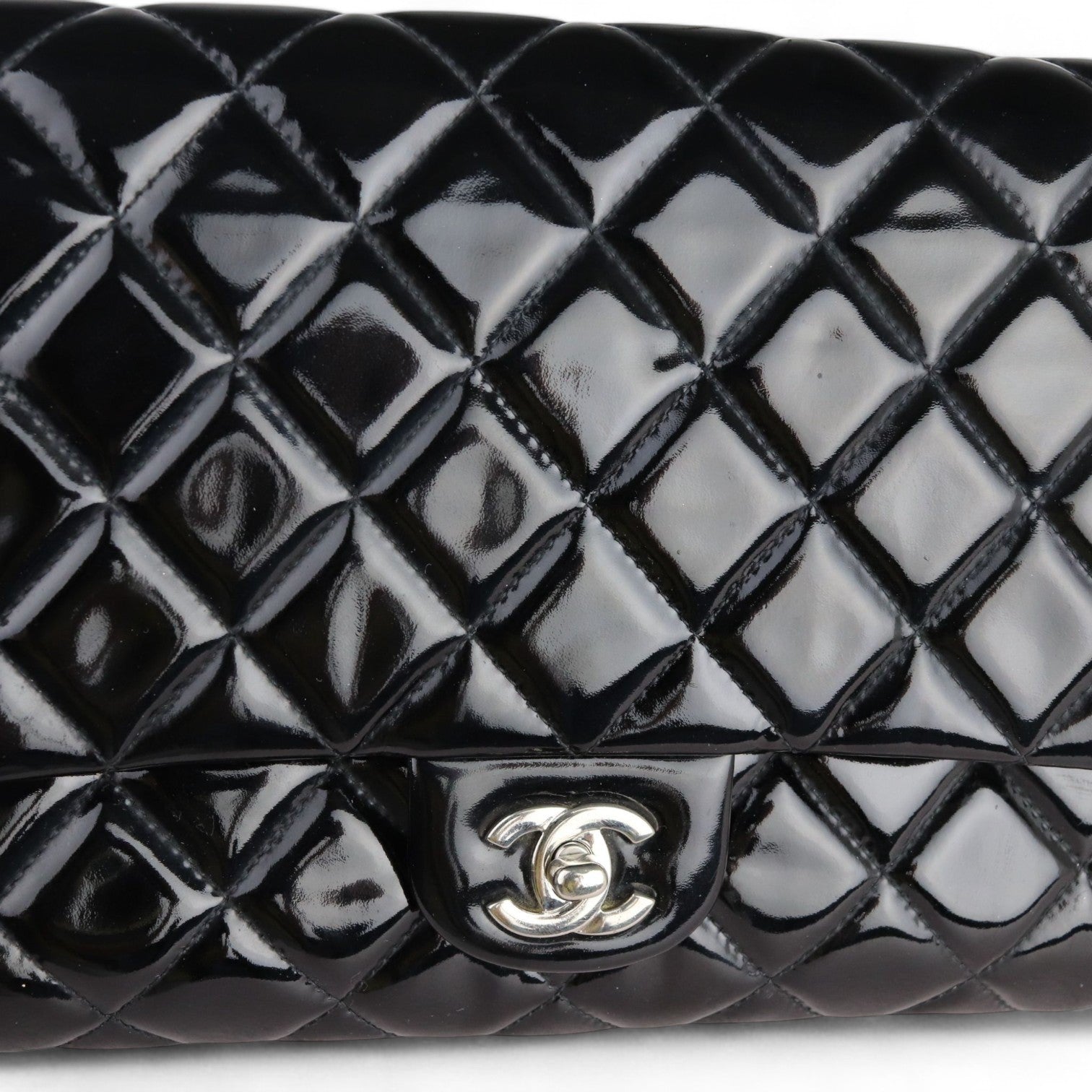 Chanel Clutch with Chain Flap Patent Quilted Black SHW