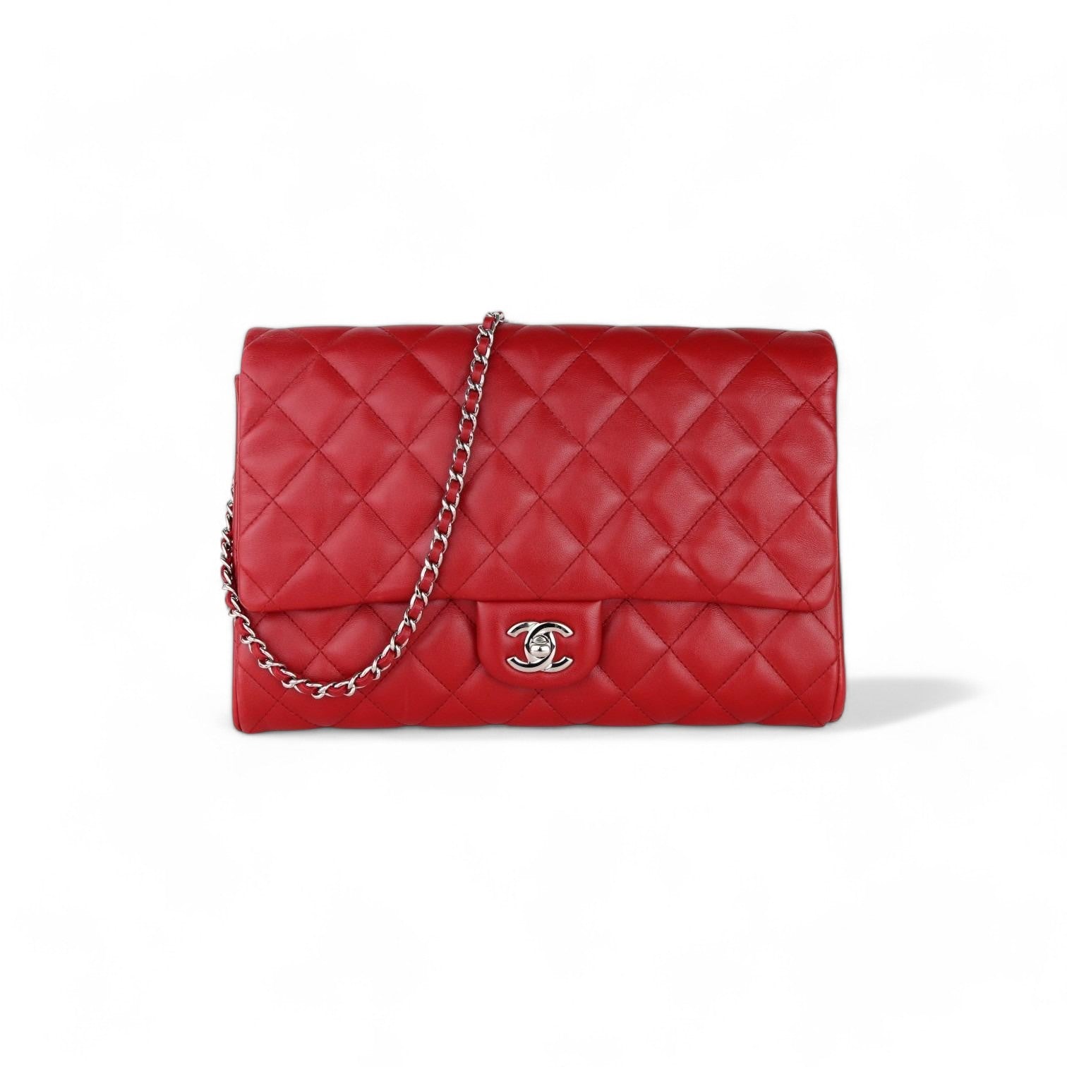 Chanel Clutch Jumbo with Chain Diamond Quilter Red Lambskin Silver-tone Hardware