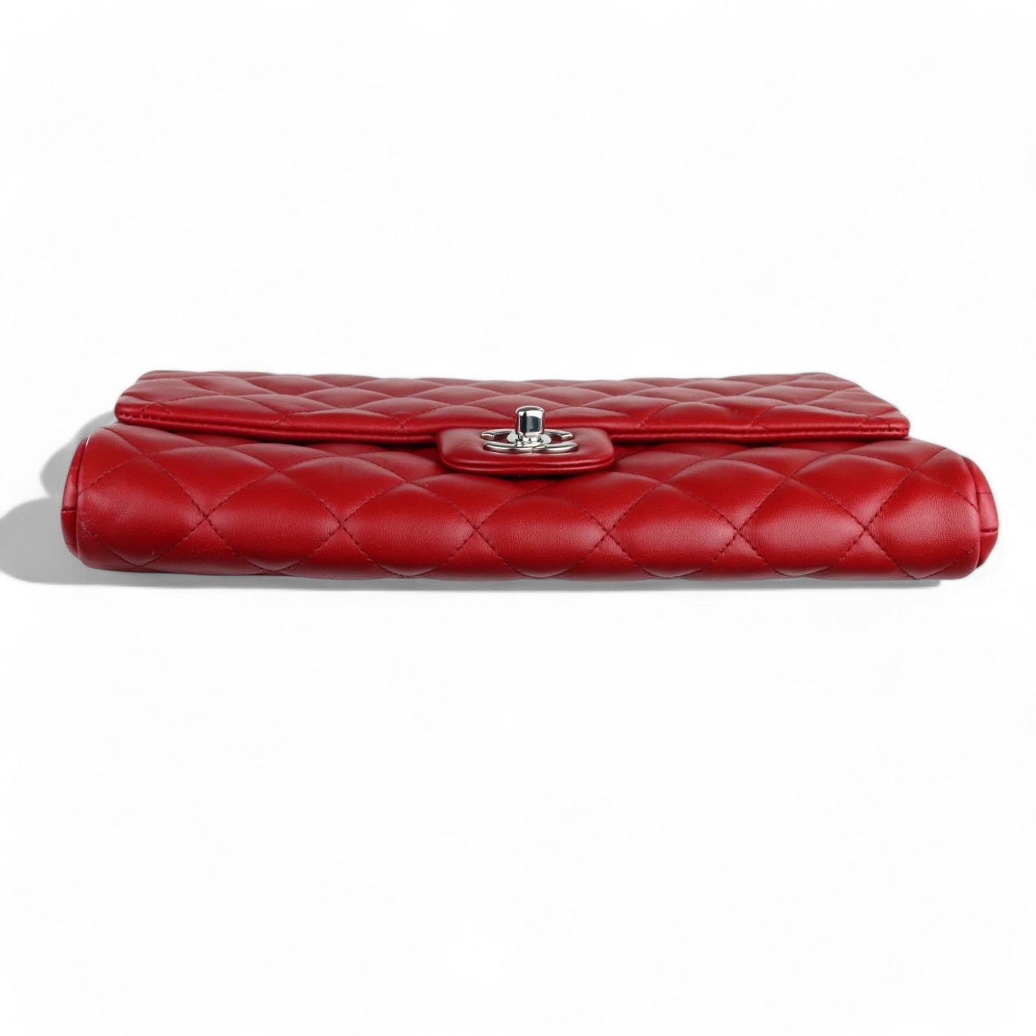 Chanel Clutch Jumbo with Chain Diamond Quilted Red Lambskin Silver-tone Hardware