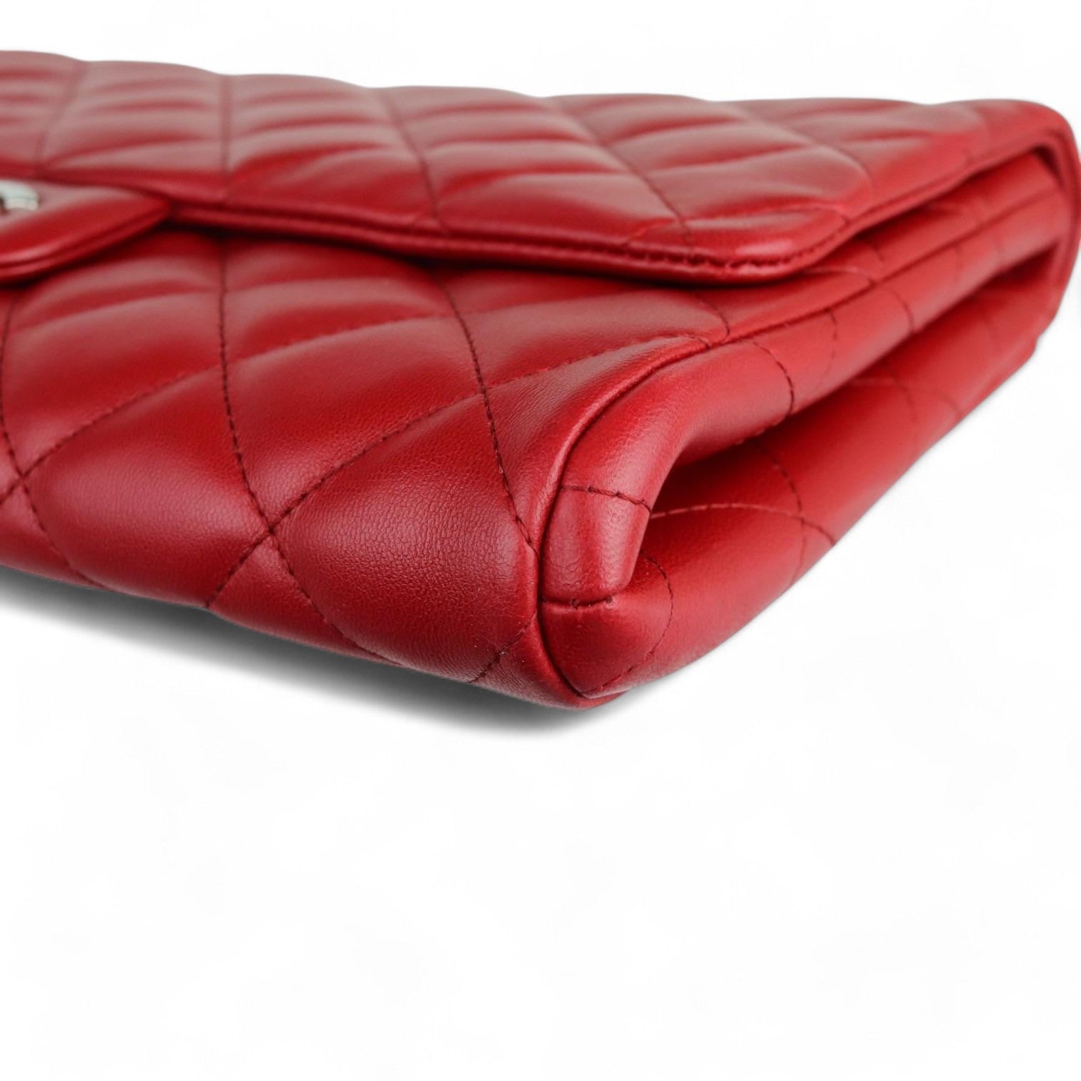 Chanel Clutch Jumbo with Chain Diamond Quilted Red Lambskin Silver-tone Hardware