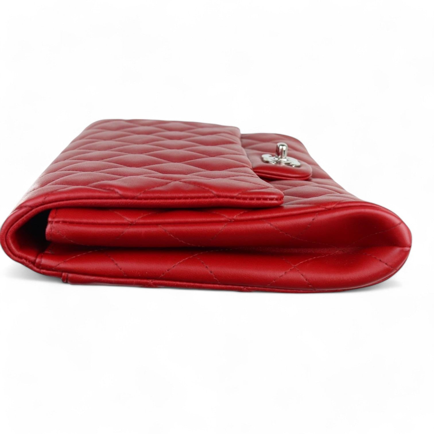 Chanel Clutch Jumbo with Chain Diamond Quilted Red Lambskin Silver-tone Hardware