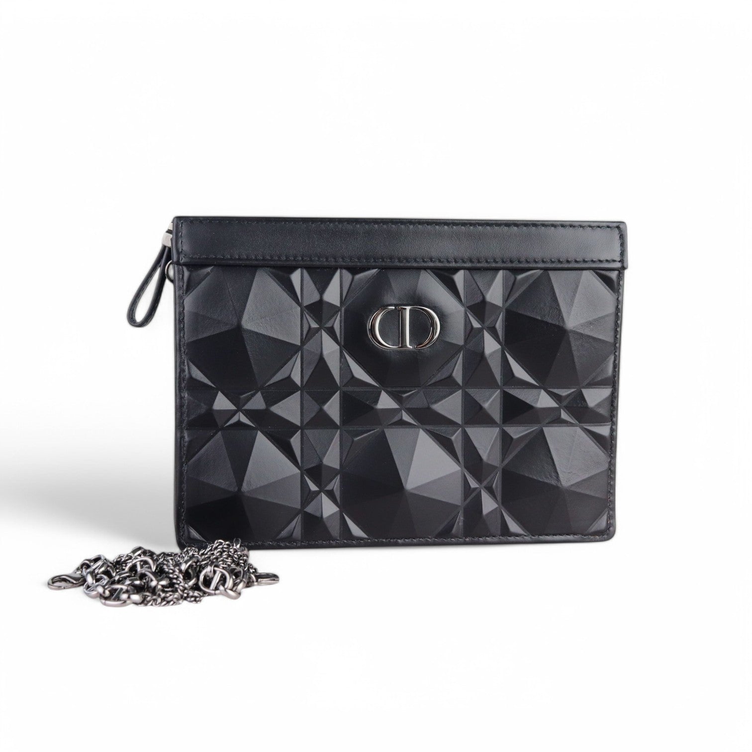 Christian Dior Caro Zipped Pouch with Chain; Black Macrocannage Calfskin with Diamond Motif