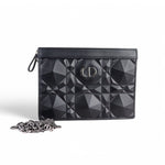 将图片加载到图库查看器，Christian Dior Caro Zipped Pouch with Chain; Black Macrocannage Calfskin with Diamond Motif
