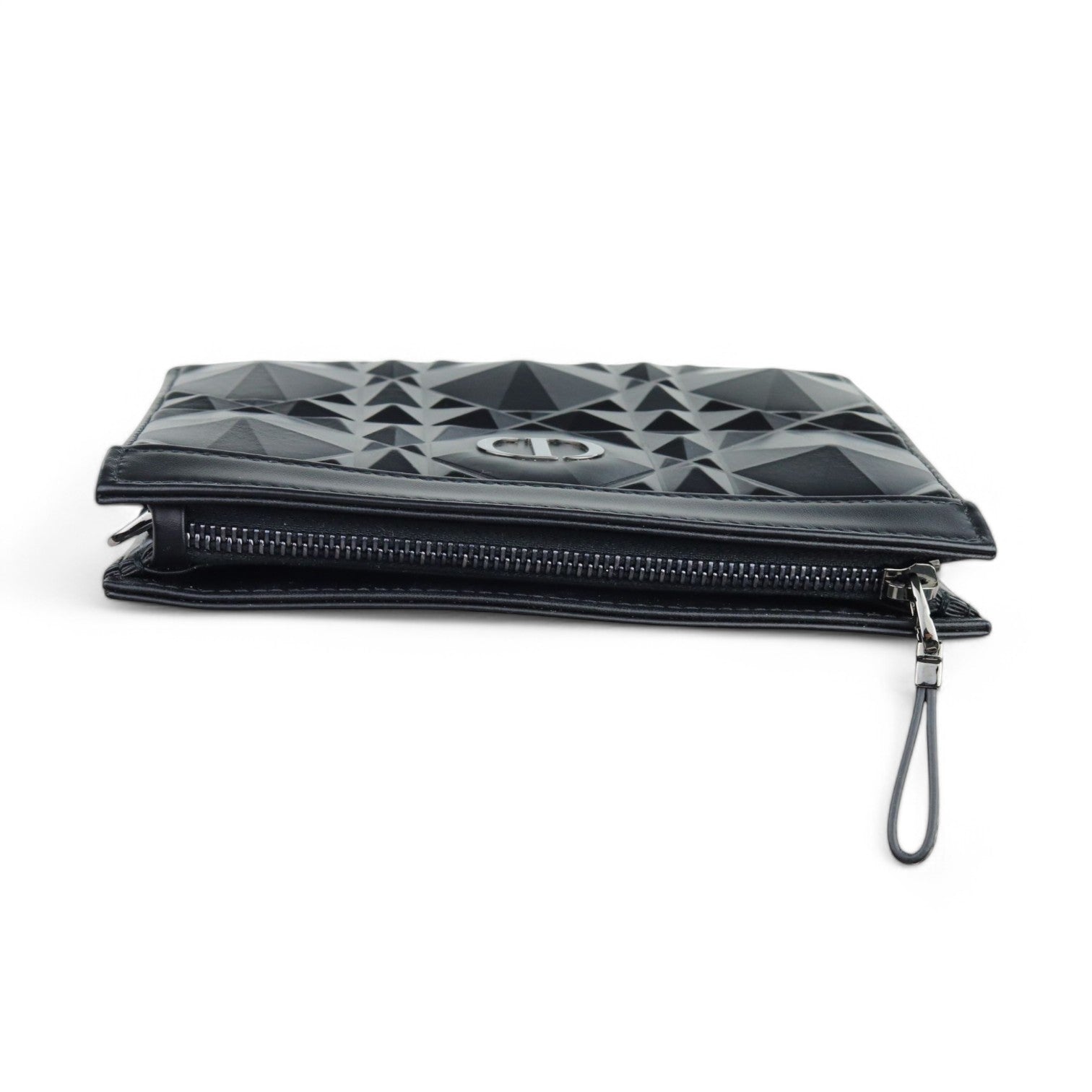 Christian Dior Caro Zipped Pouch with Chain; Black Macrocannage Calfskin with Diamond Motif