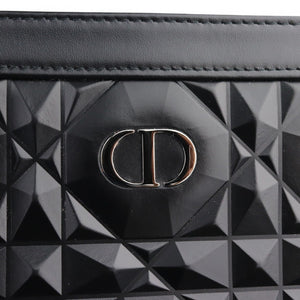 Christian Dior Caro Zipped Pouch with Chain; Black Macrocannage Calfskin with Diamond Motif