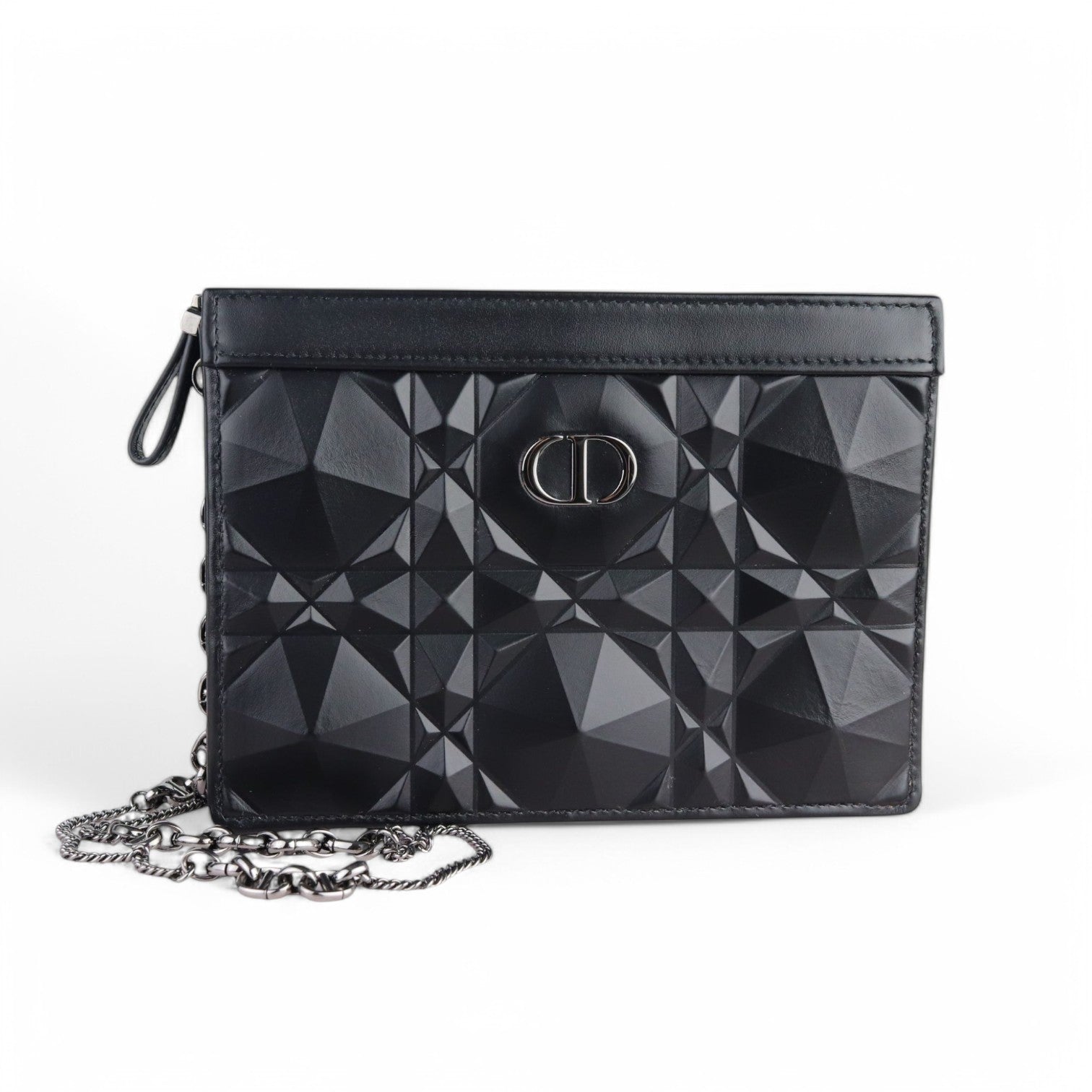 Christian Dior Caro Zipped Pouch with Chain; Black Macrocannage Calfskin with Diamond Motif