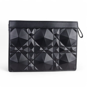 Christian Dior Caro Zipped Pouch with Chain; Black Macrocannage Calfskin with Diamond Motif