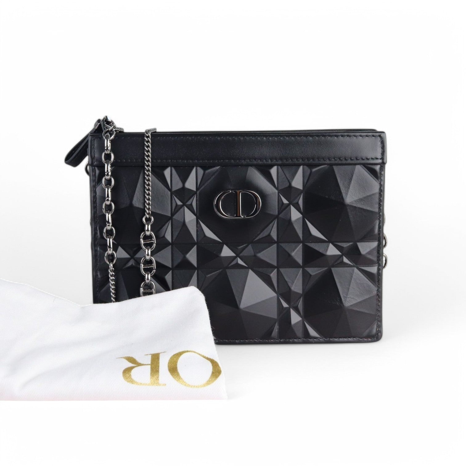 Christian Dior Caro Zipped Pouch with Chain; Black Macrocannage Calfskin with Diamond Motif